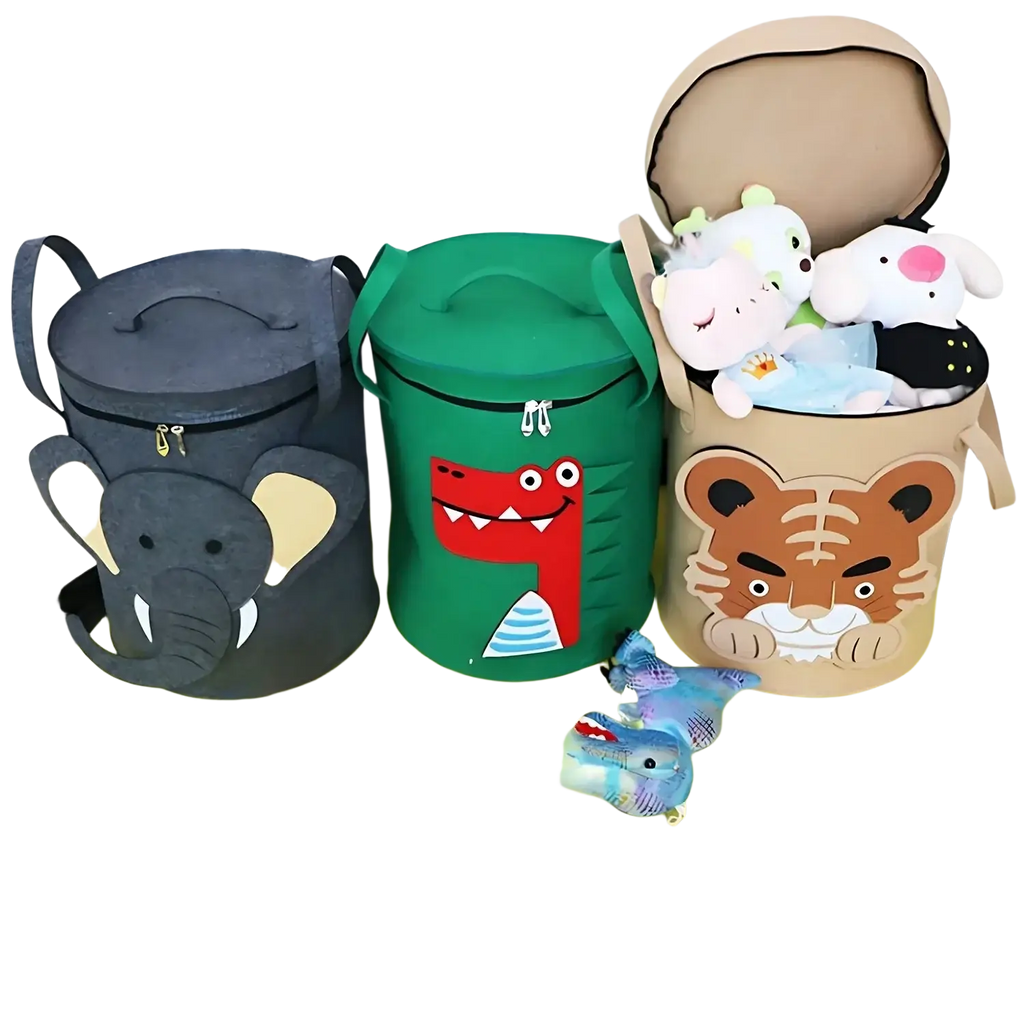 Three cylindrical fabric animal toy storage baskets with lid in gray elephant green crocodile and tan tiger designs