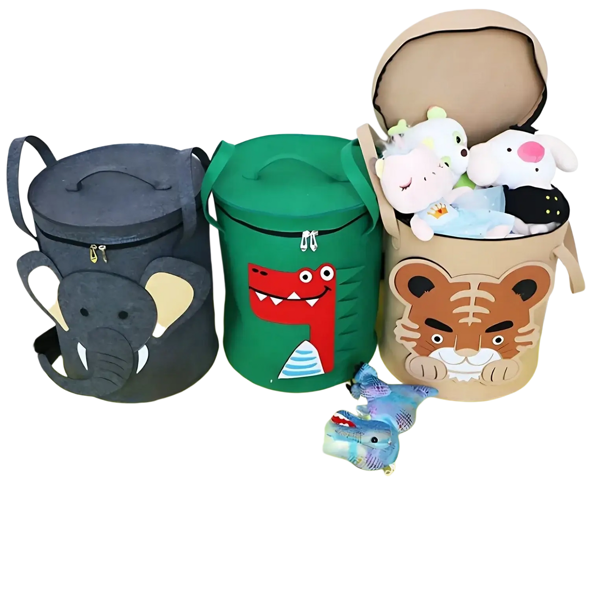 Three cylindrical fabric animal toy storage baskets with lid in gray elephant green crocodile and tan tiger designs