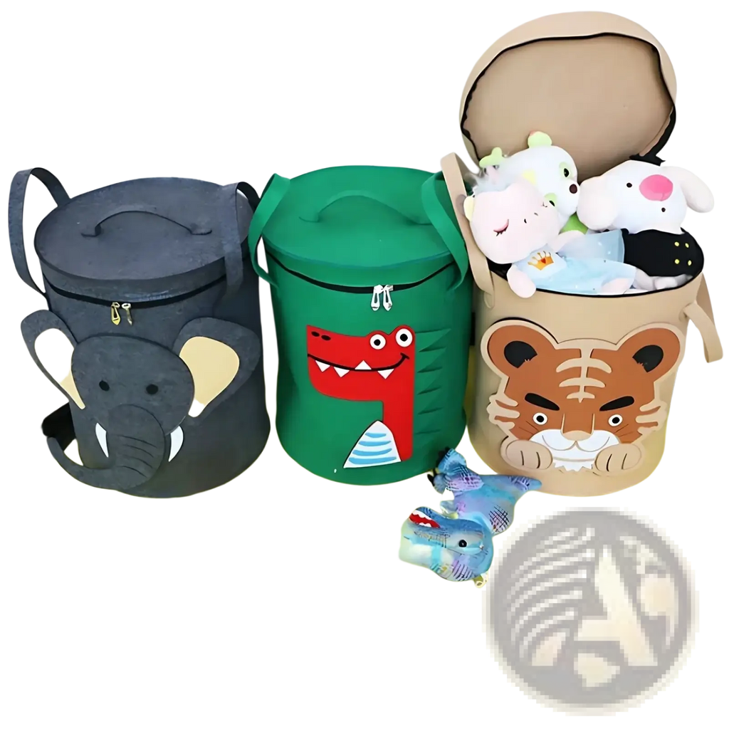 Three cylindrical fabric animal toy storage baskets with lid in gray elephant green crocodile and tan tiger designs
