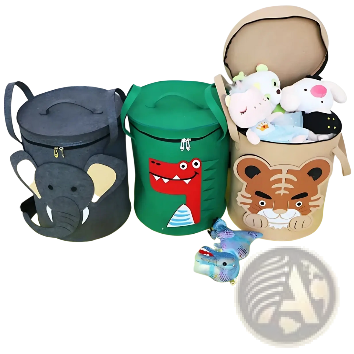 Three cylindrical fabric animal toy storage baskets with lid in gray elephant green crocodile and tan tiger designs