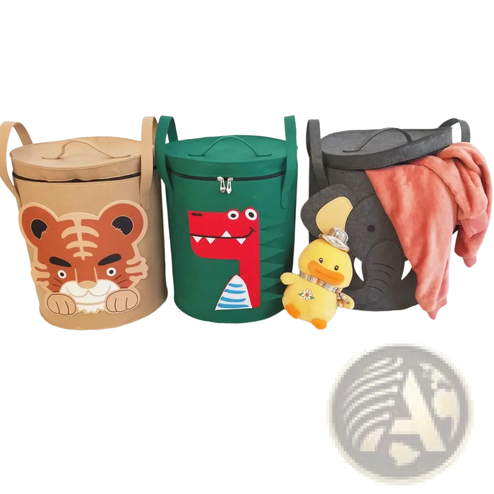 Three cylindrical fabric animal toy storage baskets with lids and handles in tan tiger, green dinosaur, and black elephant designs