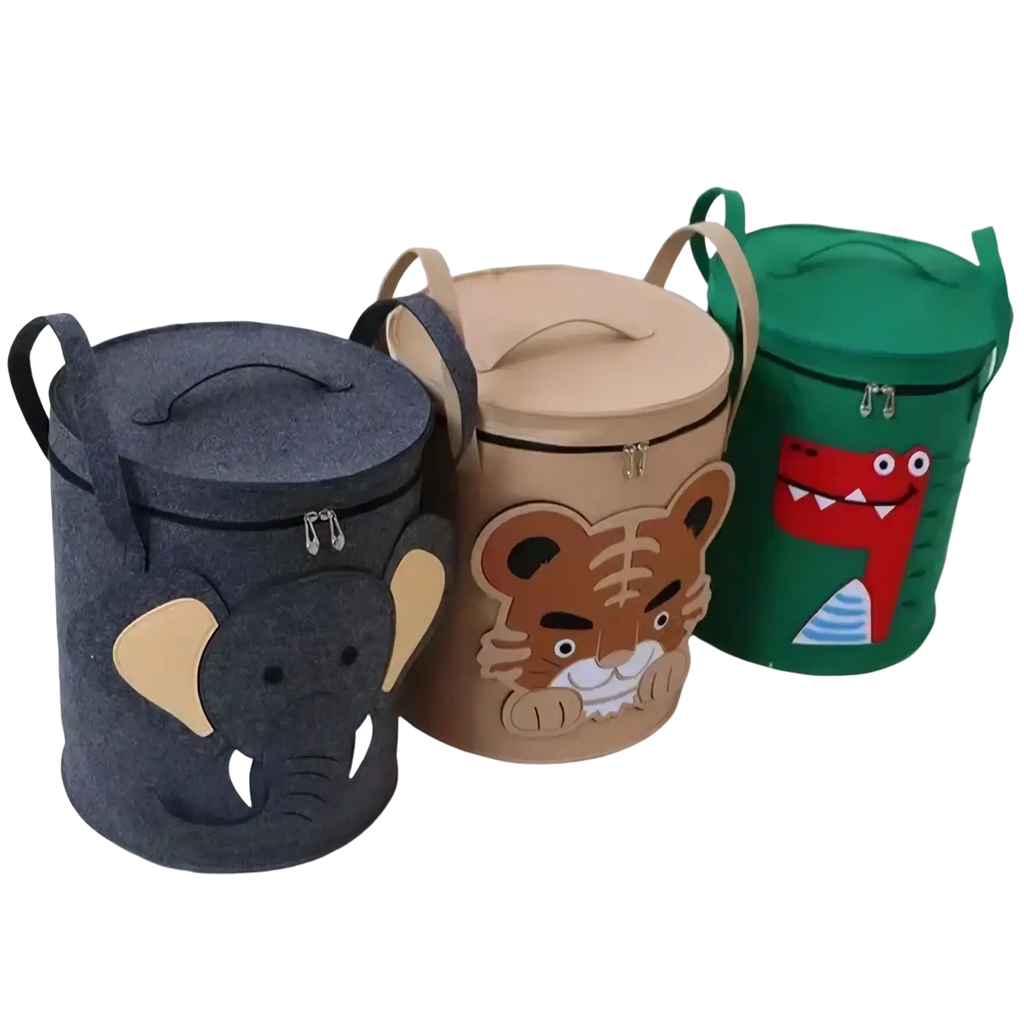 Animal toy storage basket with lid featuring three cylindrical felt bins with animal faces gray elephant beige tiger green crocodile