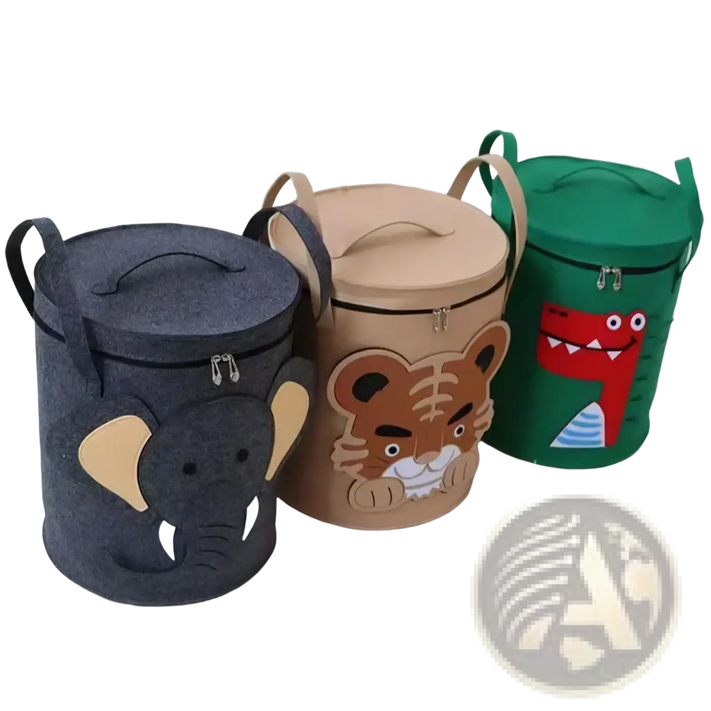 Animal toy storage basket with lid featuring three cylindrical felt bins with animal faces gray elephant beige tiger green crocodile