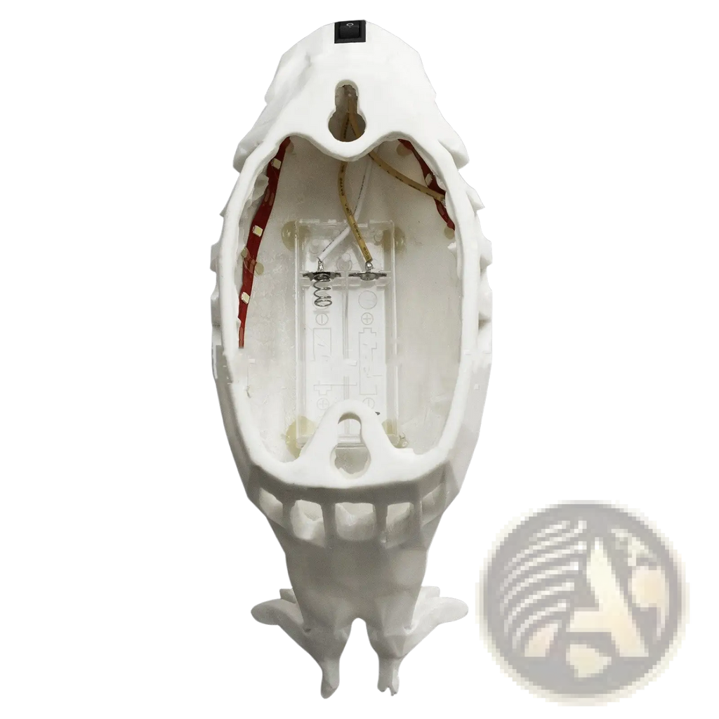 White plastic shark-shaped urinal with internal led lighting and battery compartment animal wall lamp geometric sconce light