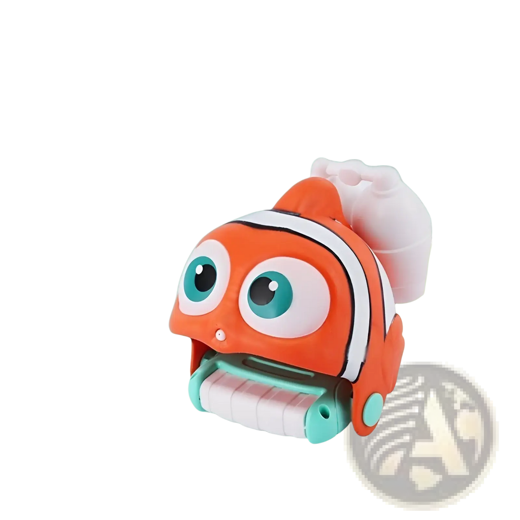 Animal wrist water gun for kids outdoor beach toy shaped like orange and white clownfish with blue eyes and rolling wheels