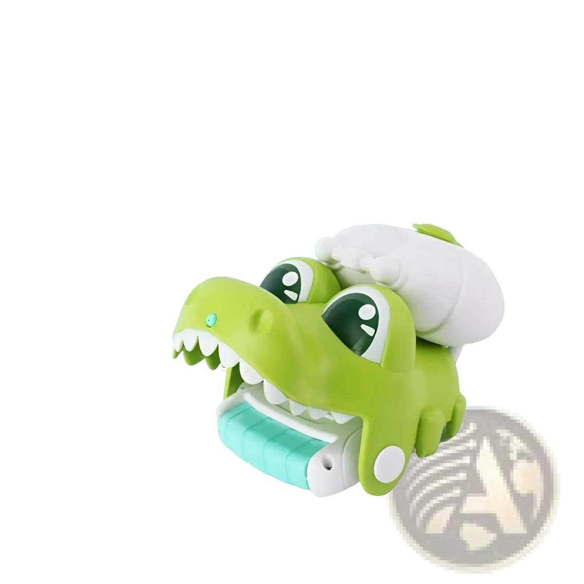 Green alligator-shaped animal wrist water gun for kids with white and teal accents for outdoor beach play