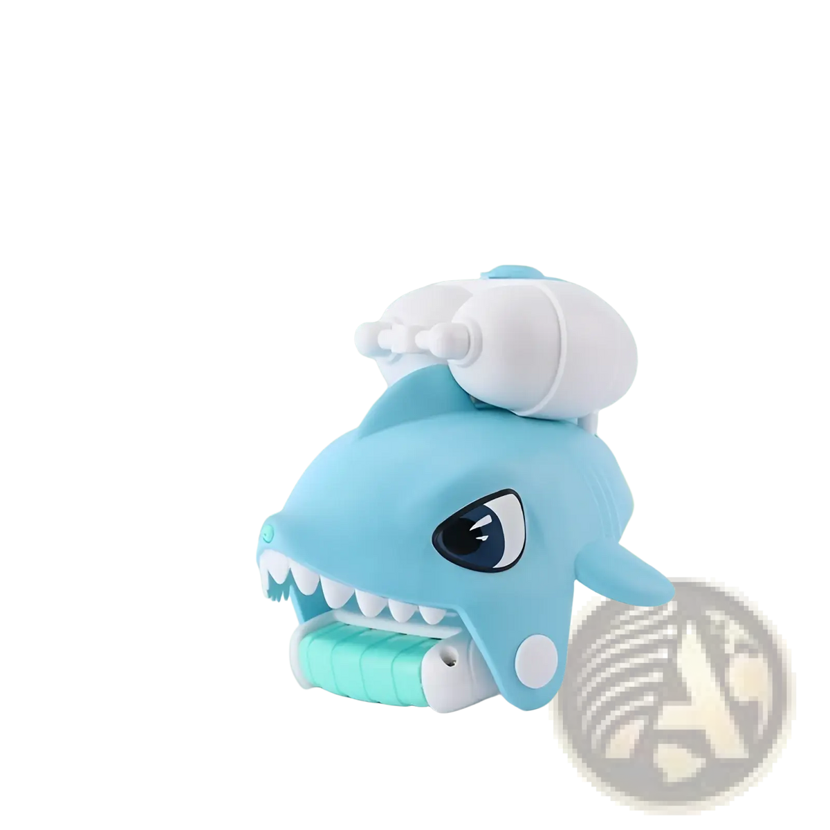 Light blue plastic shark animal wrist water gun for kids with white accents and a water spray nozzle on head for outdoor use