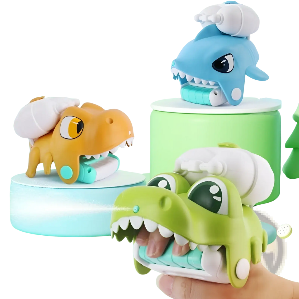Green crocodile-shaped handheld water gun with white accents and turquoise spray nozzle for kids outdoor beach play