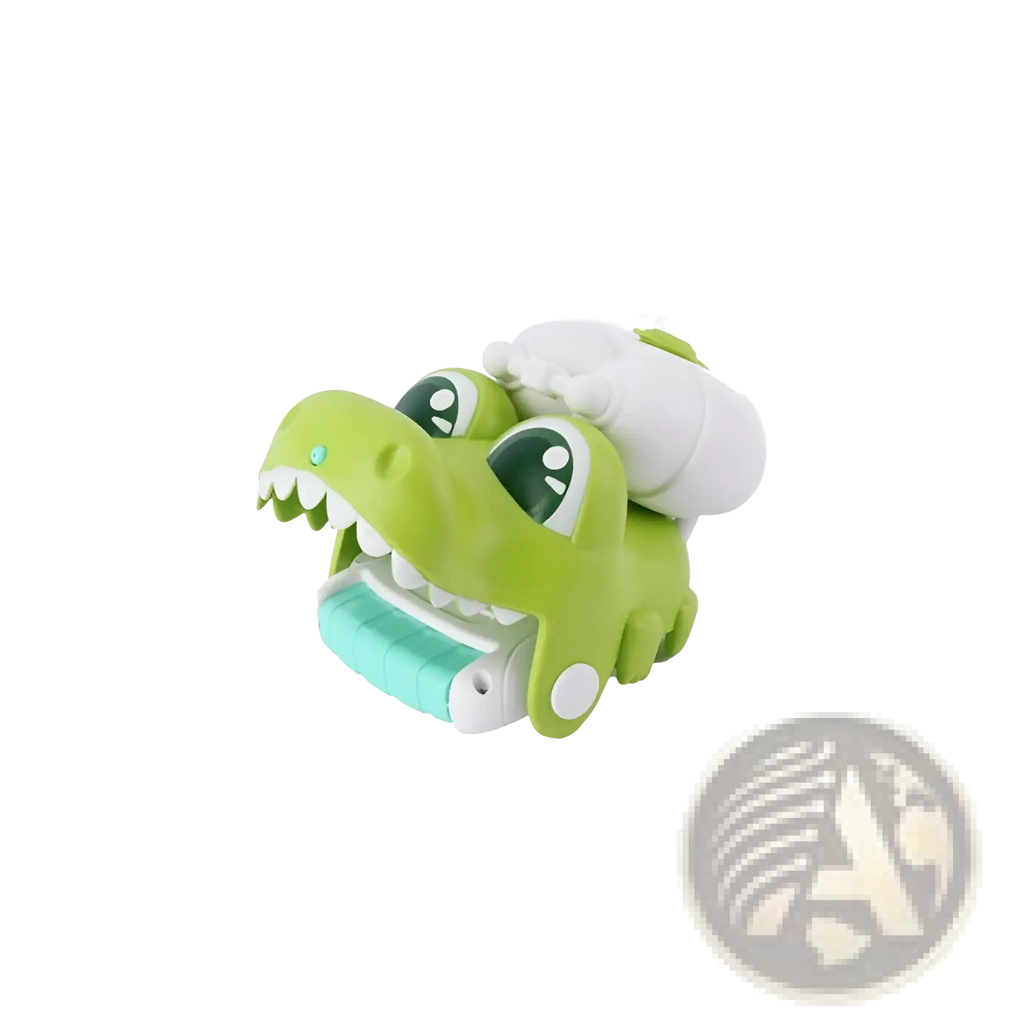 Green crocodile-shaped toothbrush holder with white plush hair and teal bristle brush for kids outdoor use
