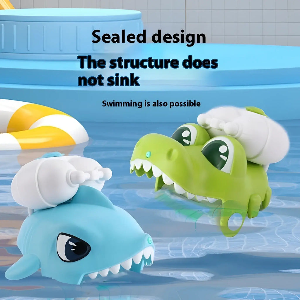 Green and blue plastic animal wrist water guns shaped like crocodile and shark with white foam for kids outdoor beach play