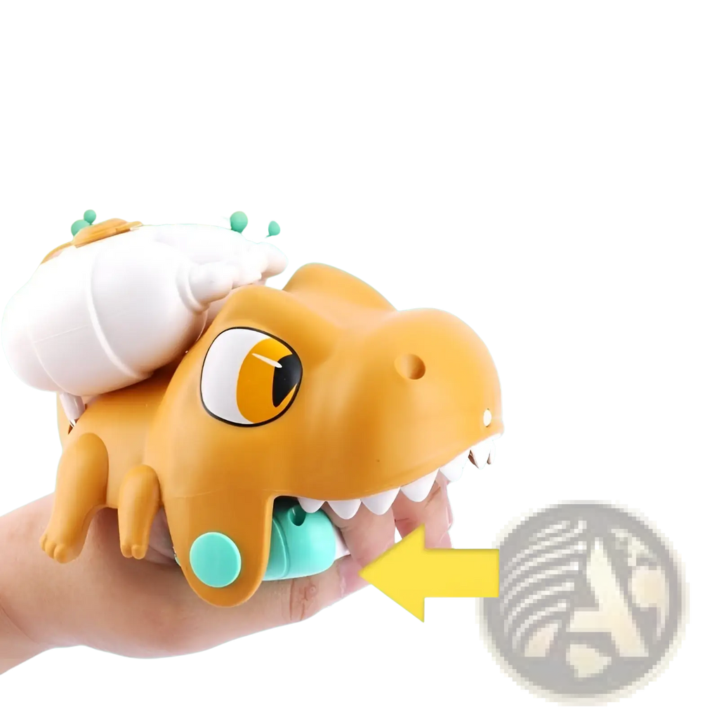 Orange plastic dinosaur animal wrist water gun with teal button and white foam for kids outdoor beach play
