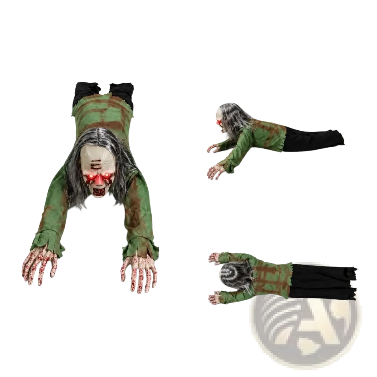 Animated crawling zombie halloween prop with sound lights green black fabric outfit glowing red eyes 106 cm long