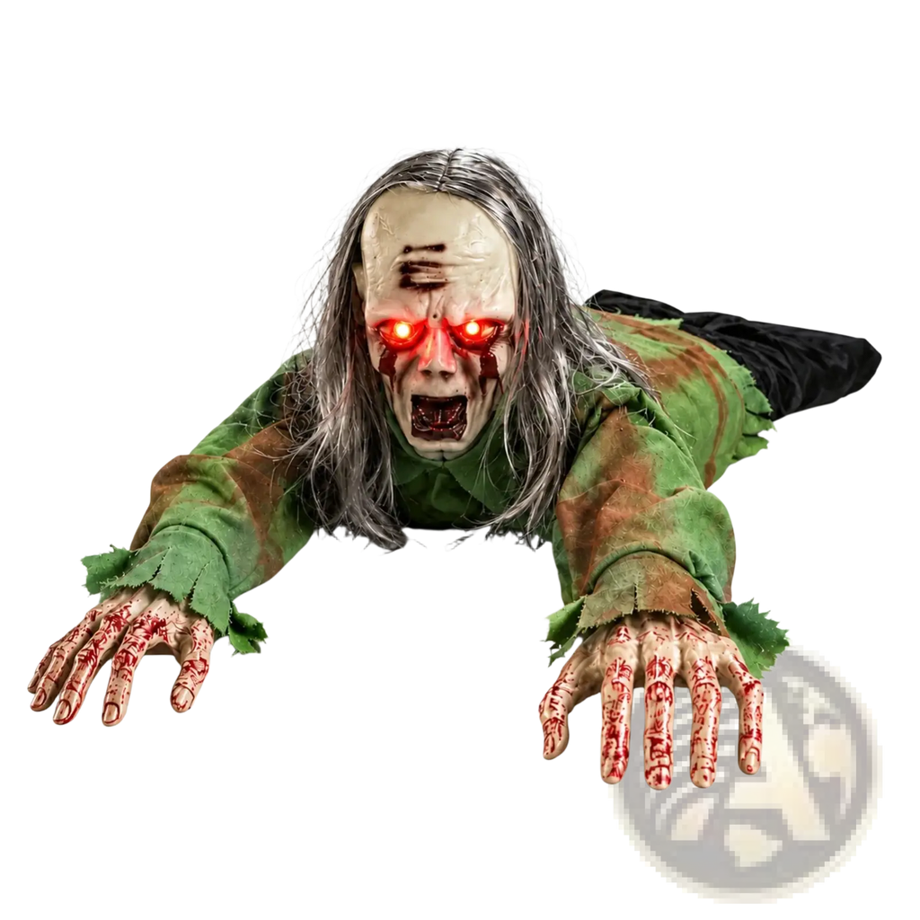 Animated crawling zombie halloween prop with glowing red eyes blood-stained hands in tattered green outfit lying prone