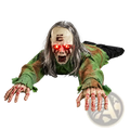 Animated crawling zombie halloween prop with glowing red eyes blood-stained hands in tattered green outfit lying prone
