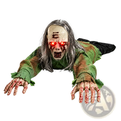 Animated crawling zombie halloween prop with glowing red eyes blood-stained hands in tattered green outfit lying prone