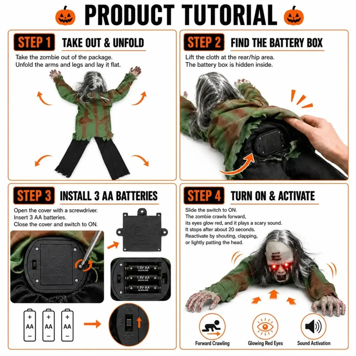 Animated crawling zombie halloween prop with green and brown camouflage pattern glowing red eyes sound and lights