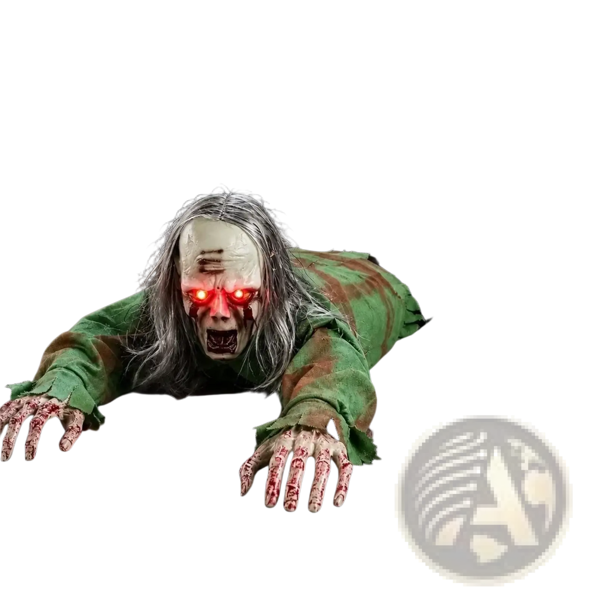 Animated crawling zombie Halloween prop with sound lights glowing red eyes gray hair and green tattered outfit