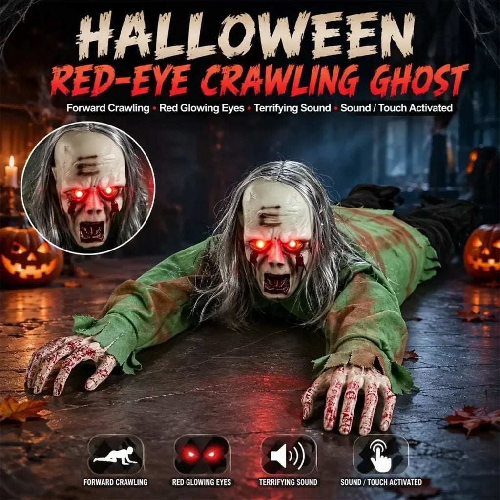 Animated crawling zombie halloween prop with sound and lights featuring a red-eye ghost in green tattered robe with bloody hands