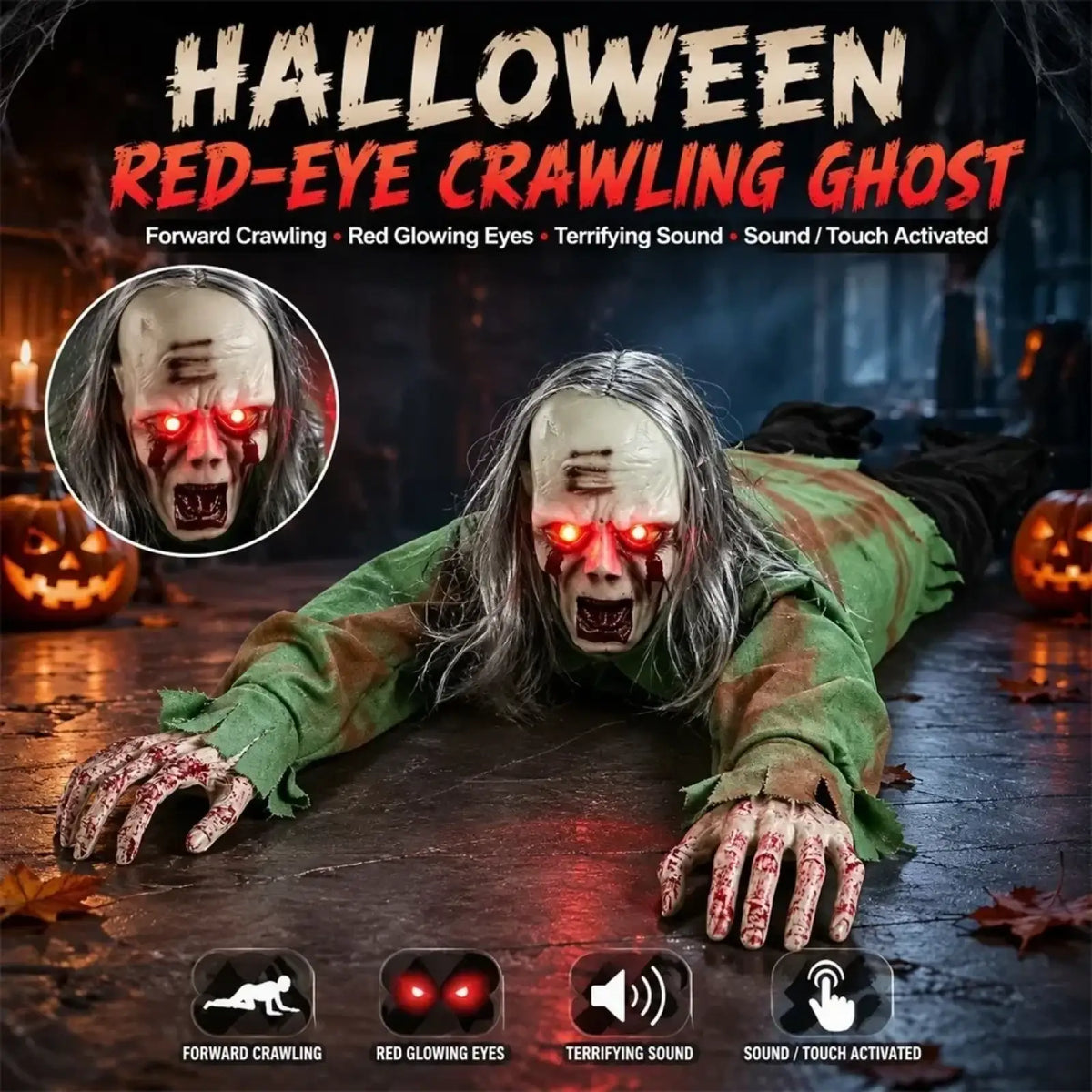 Animated crawling zombie halloween prop with sound and lights featuring a red-eye ghost in green tattered robe with bloody hands