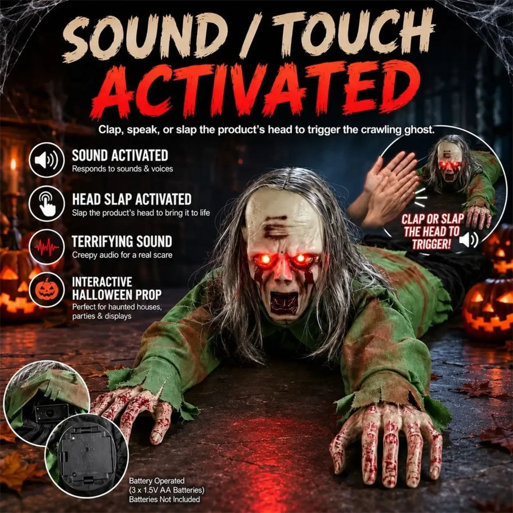 Animated crawling zombie halloween prop with sound and lights featuring a crawling ghost with glowing red eyes and blood-stained hands