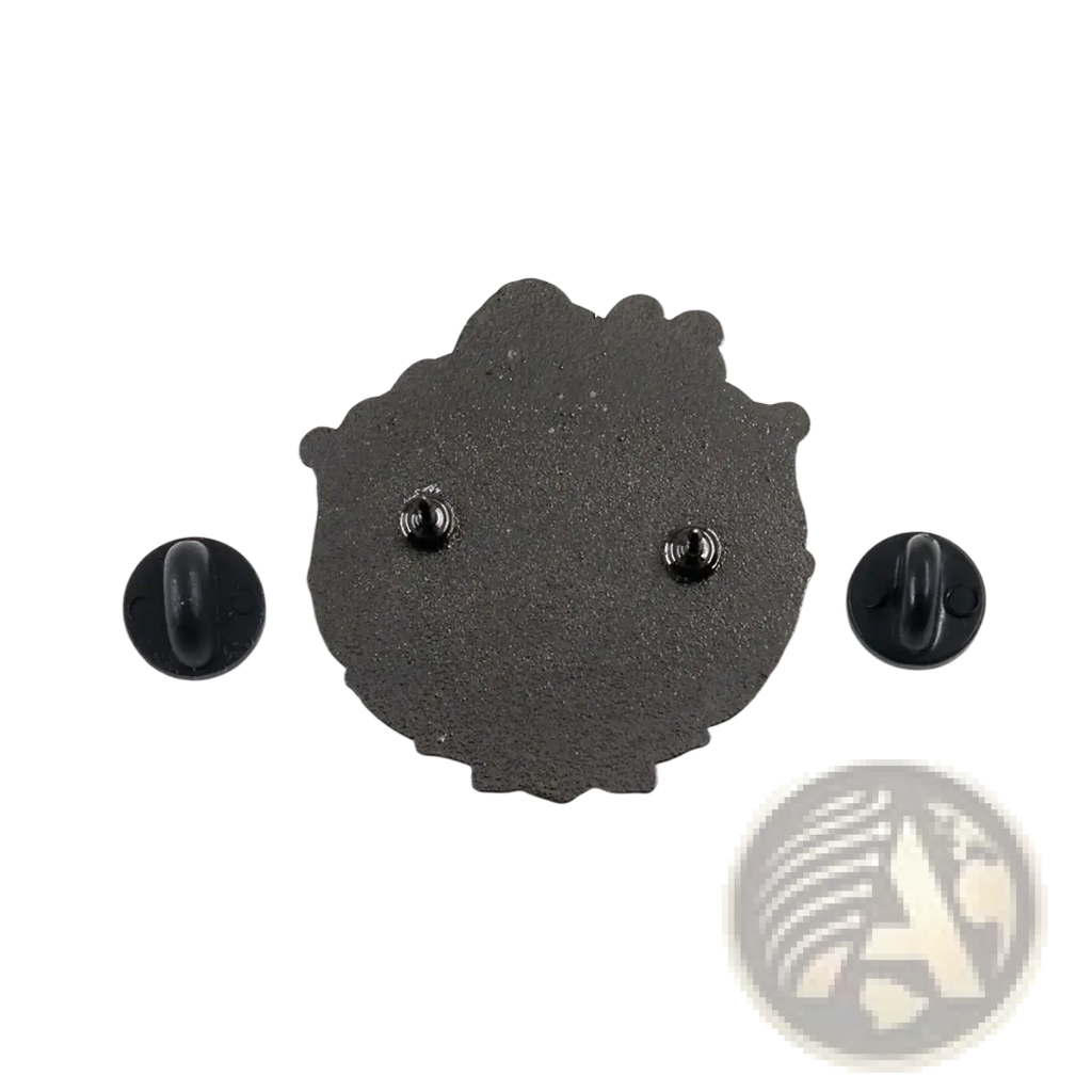 Back of animated family enamel pin showing black textured metal with two silver toned fasteners for securing
