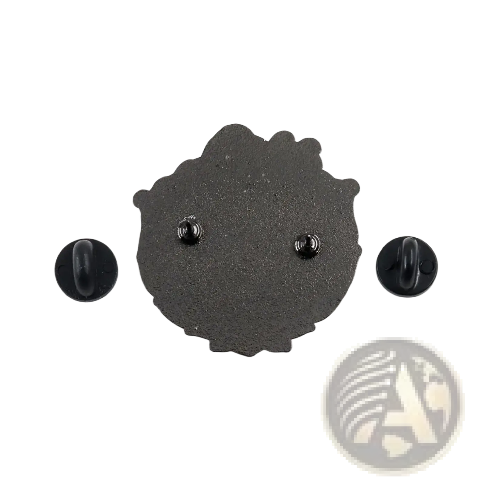 Back of animated family enamel pin showing black textured metal with two silver toned fasteners for securing