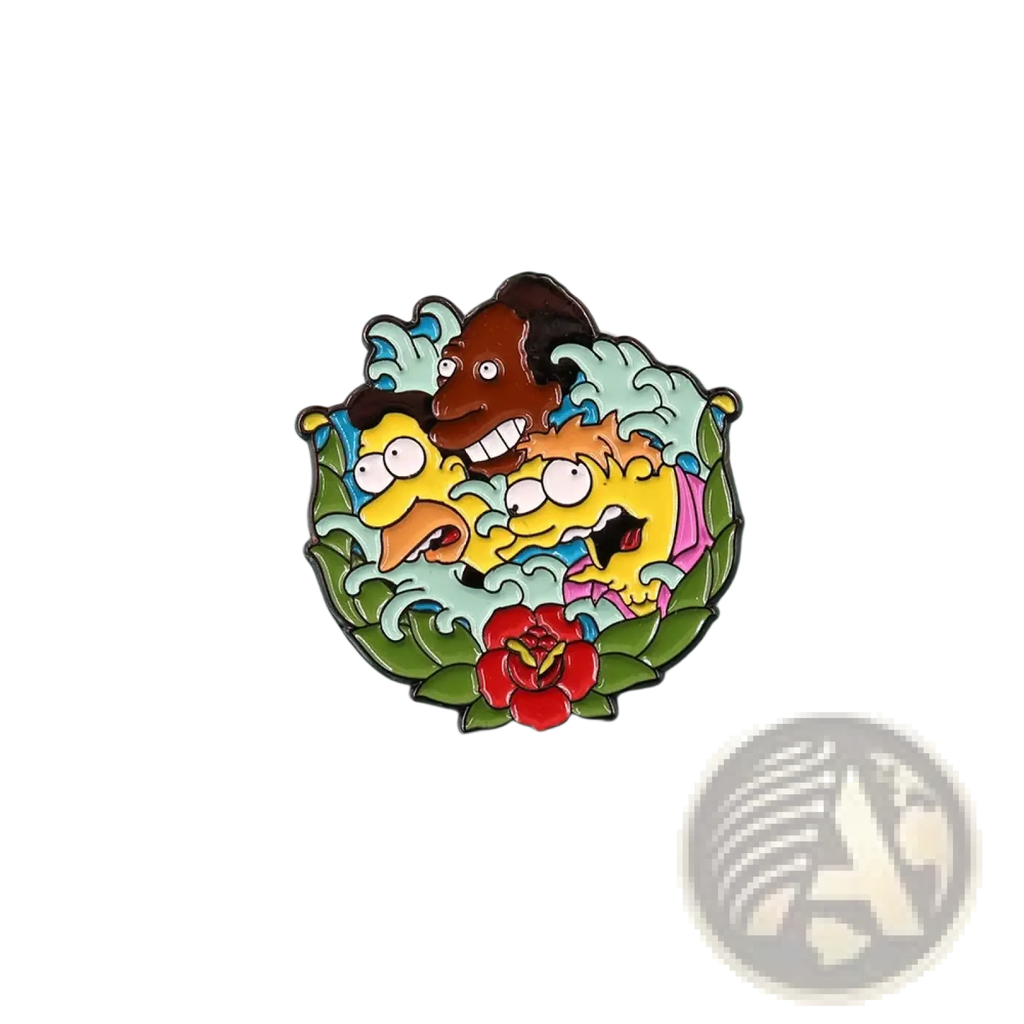 Animated family enamel pin featuring colorful Simpsons cartoon characters with green leaves and a red flower detail