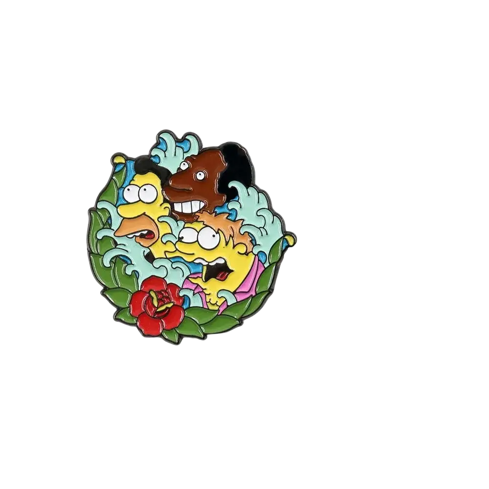 A colorful enamel pin of the Simpson family wave with green leaves and a red flower cartoon character brooch