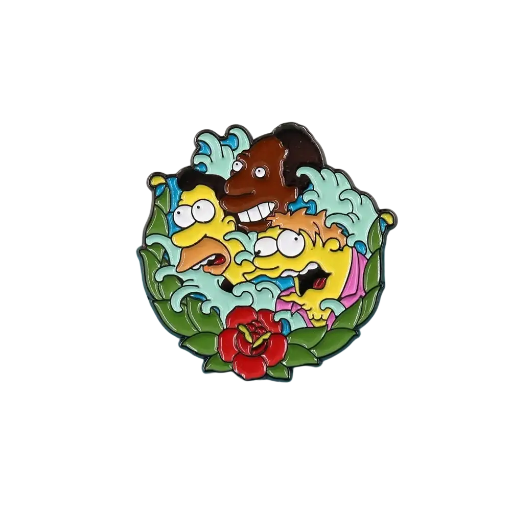 A colorful enamel pin featuring three animated simpsons characters with green foliage and a red rose at the bottom
