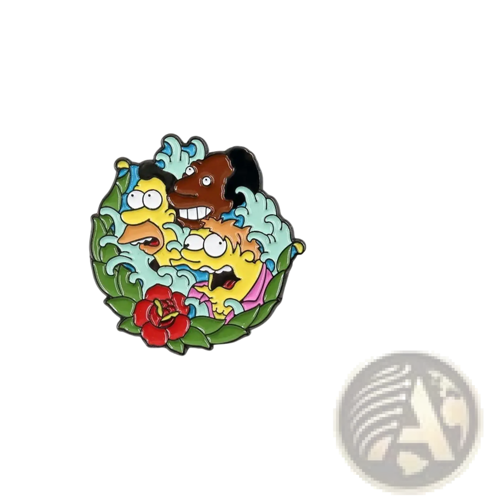 A colorful enamel pin of the Simpson family wave with green leaves and a red flower cartoon character brooch