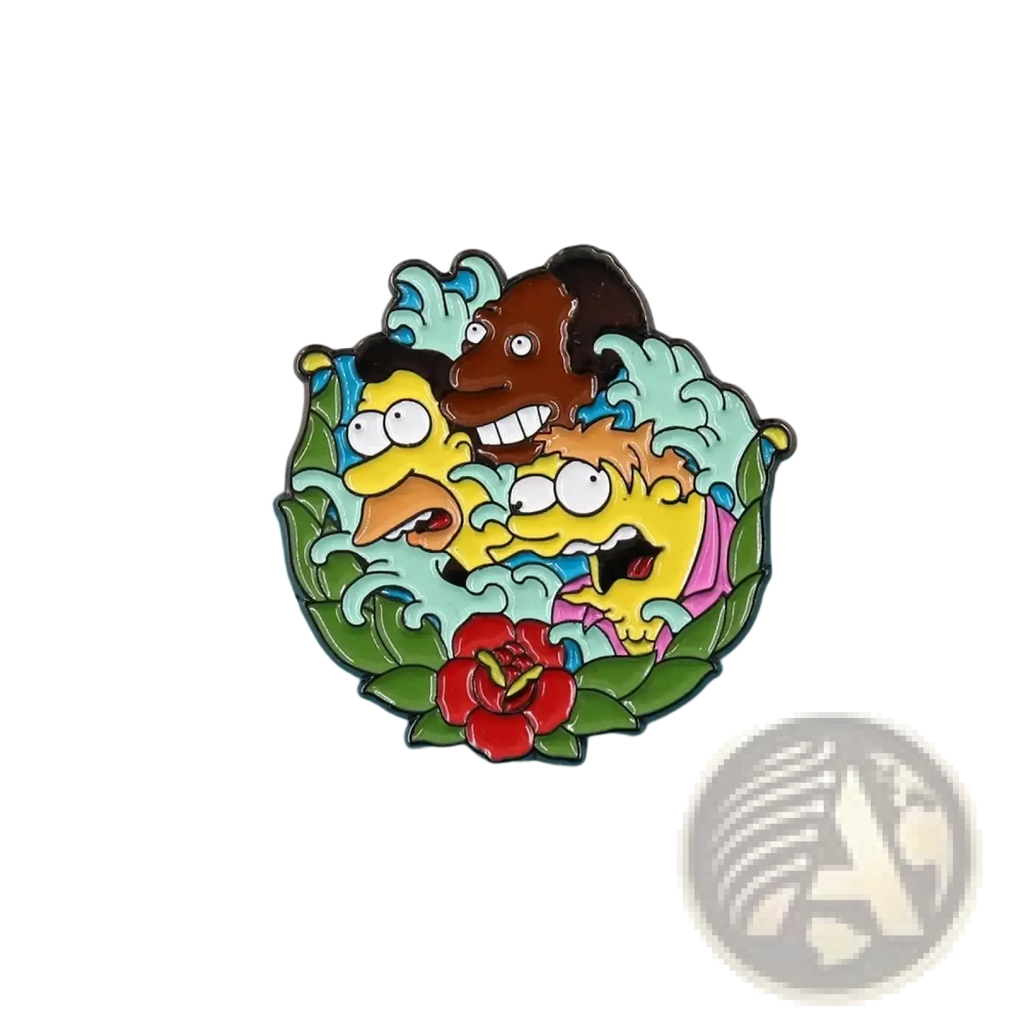 A colorful enamel pin featuring three animated simpsons characters with green foliage and a red rose at the bottom