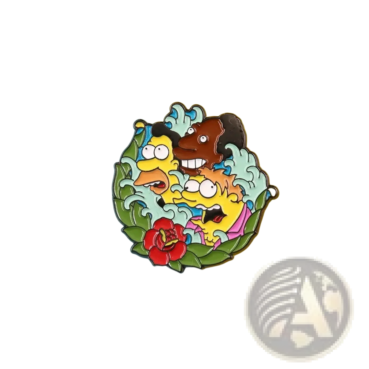 Colorful animated family enamel pin featuring three Simpsons characters emerging from stylized waves with green leaves and a red flower