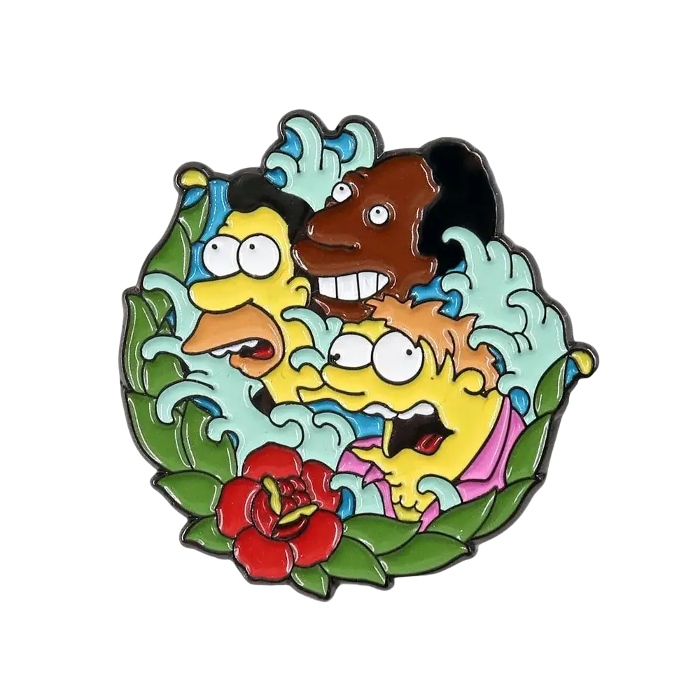 Vibrant animated family enamel pin featuring three cartoon characters in a green leaf wreath with turquoise waves and red rose accents