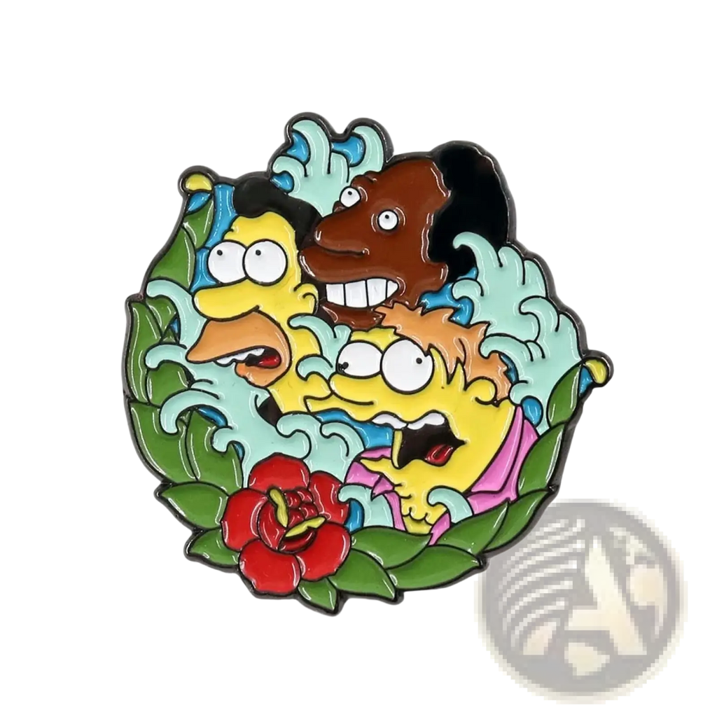 Vibrant animated family enamel pin featuring three cartoon characters in a green leaf wreath with turquoise waves and red rose accents