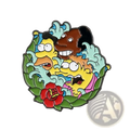 Vibrant animated family enamel pin featuring three cartoon characters in a green leaf wreath with turquoise waves and red rose accents