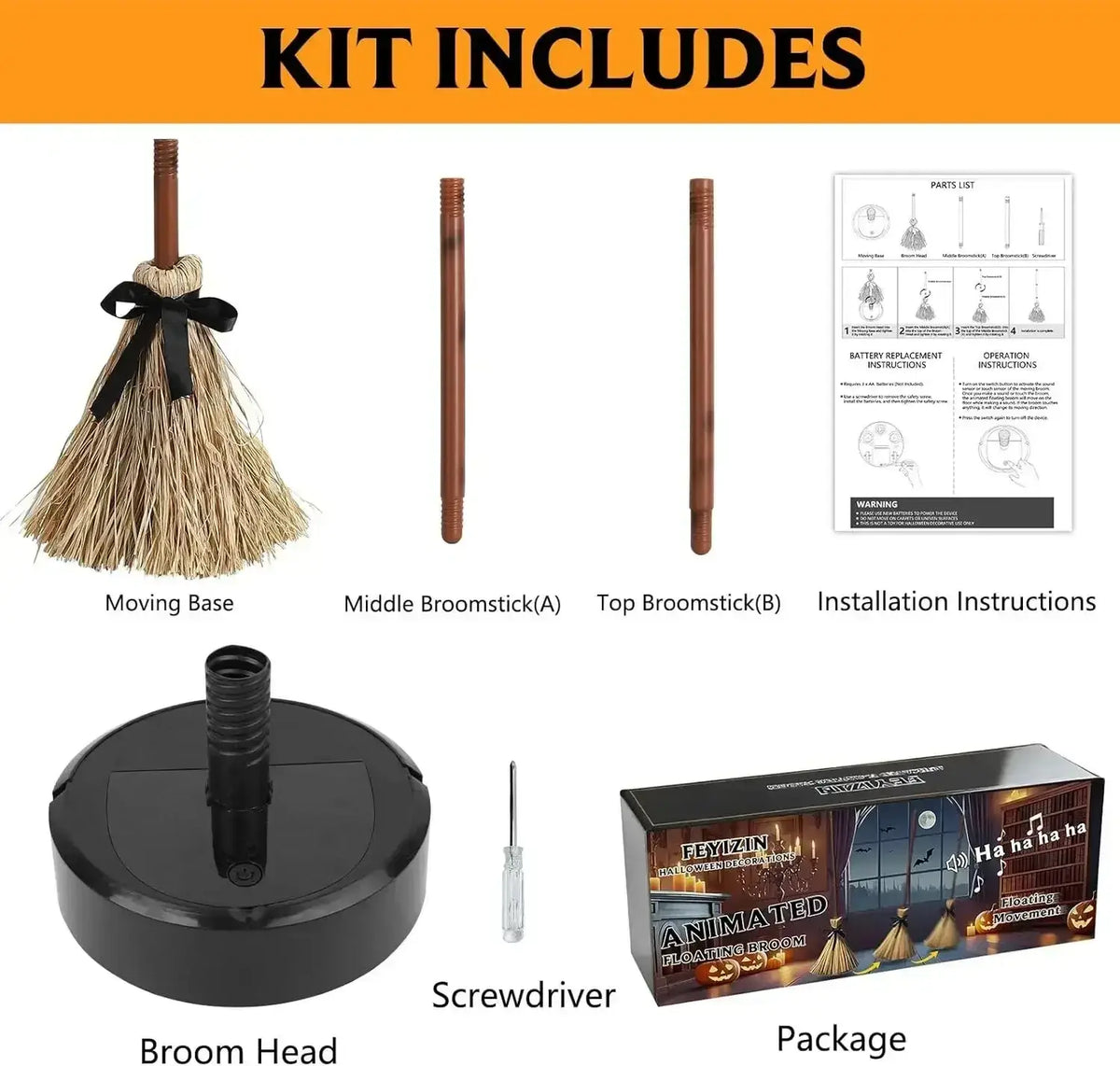 The moving base of the animated floating witch broom is a black circular platform with a central cylindrical hole for mounting