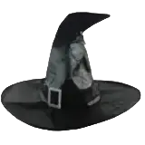 Black witch hat with wide brim pointed top and silver embellishments featured in animated floating witch broom Halloween prop