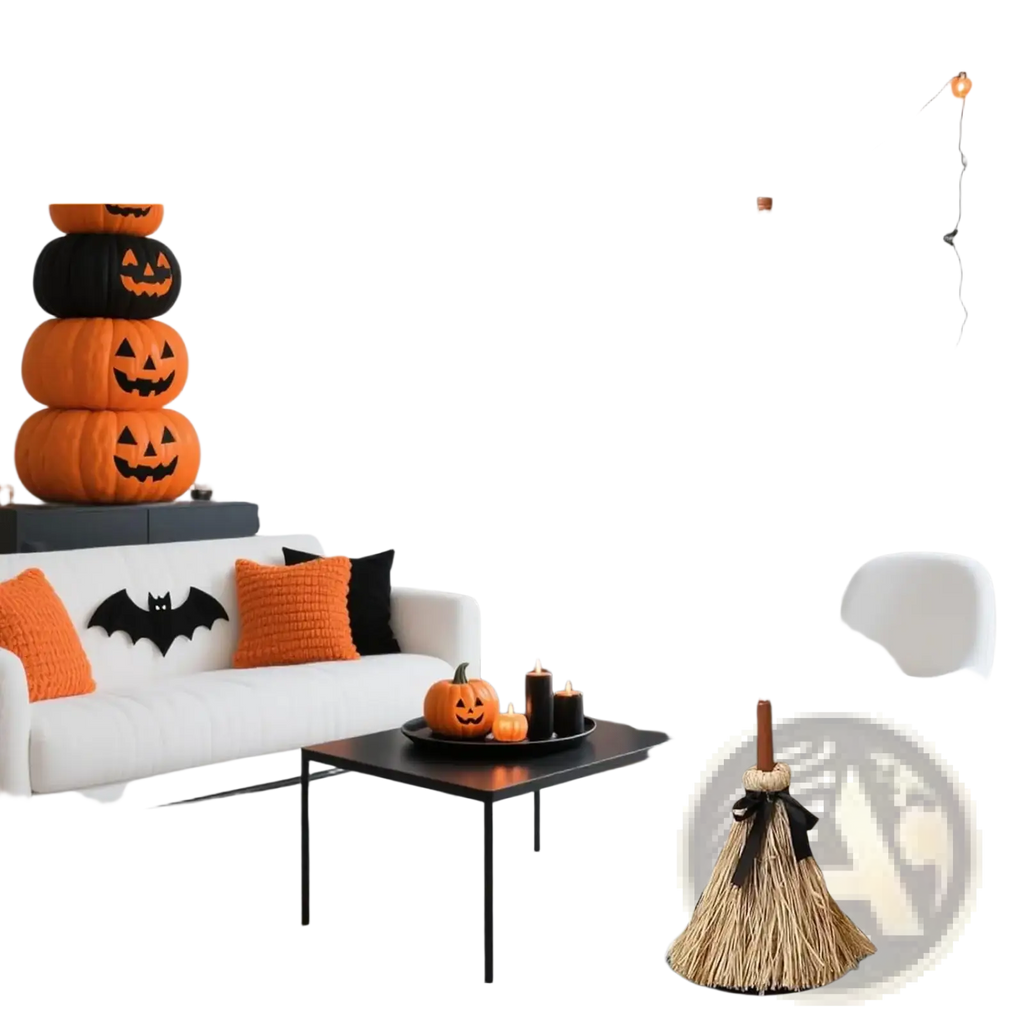 Animated floating witch broom halloween prop with wooden handle straw bristles and black ribbon decoration