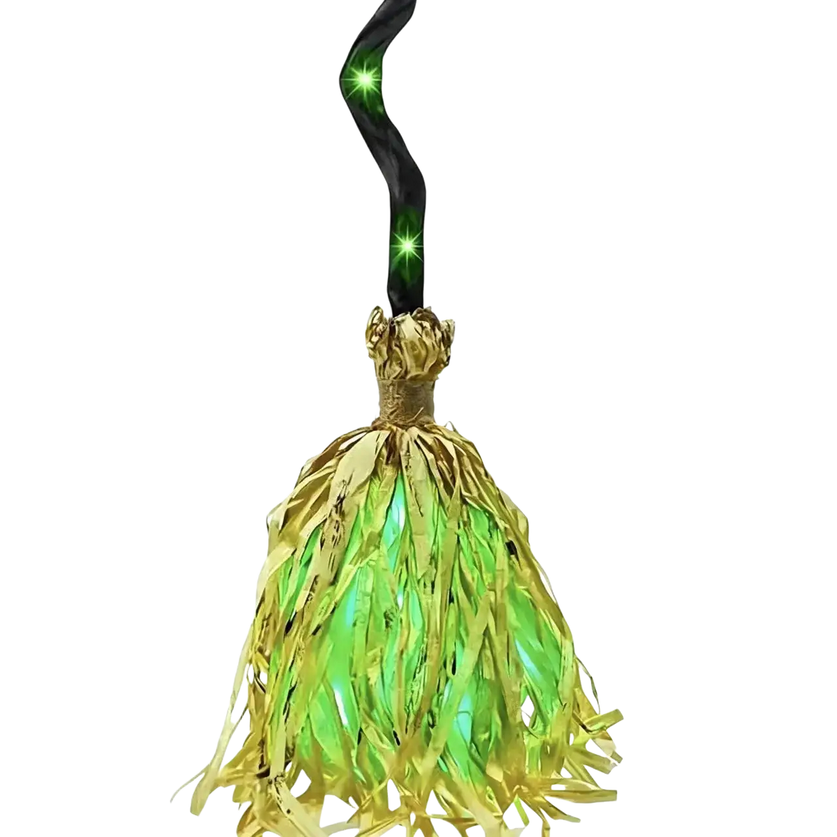Animated floating witch broom with glowing green and gold decorative bristles and black handle with embedded lights