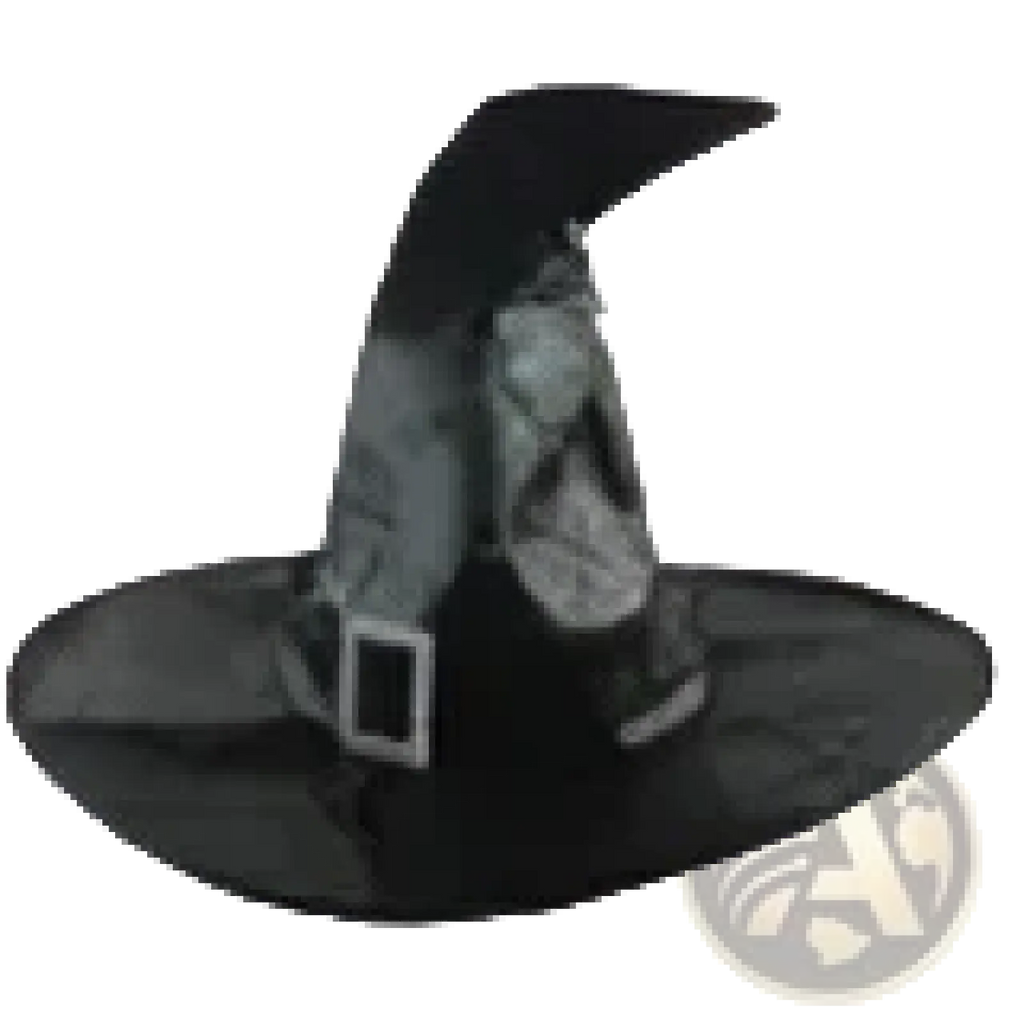 Black witch hat with wide brim pointed top and silver embellishments featured in animated floating witch broom Halloween prop