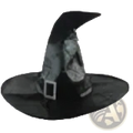 Black witch hat with wide brim pointed top and silver embellishments featured in animated floating witch broom Halloween prop