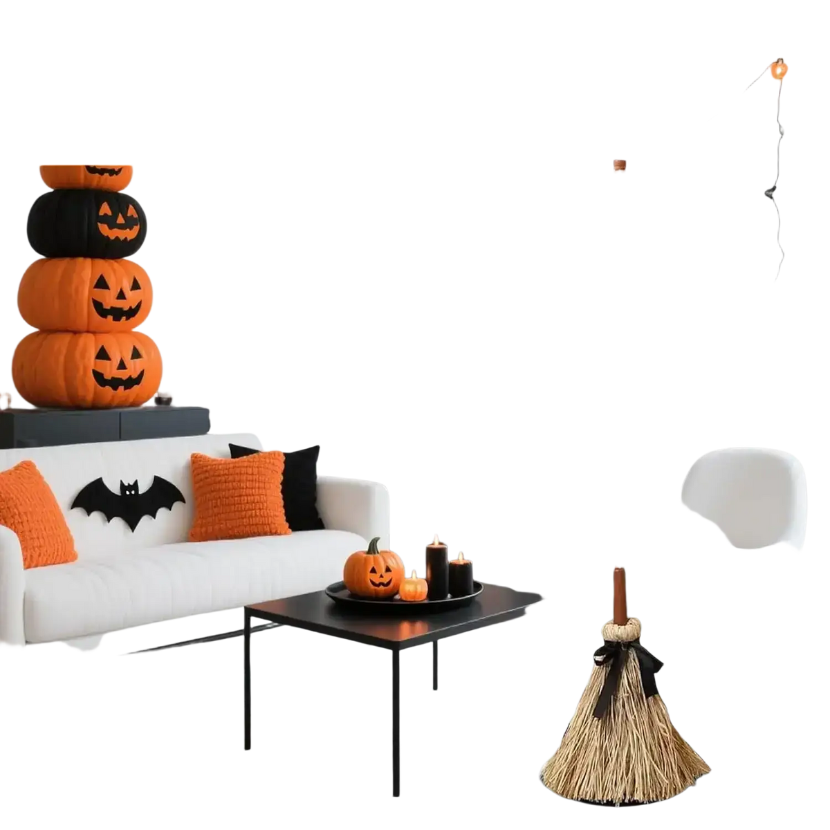 Orange and black plush jack o lantern pillows stacked on a dark gray cabinet for witch broom halloween decor