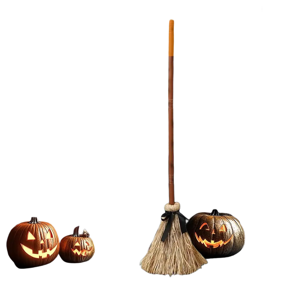Animated floating witch broom Halloween prop featuring a rustic brown wooden handle and natural straw bristle head with black ribbon