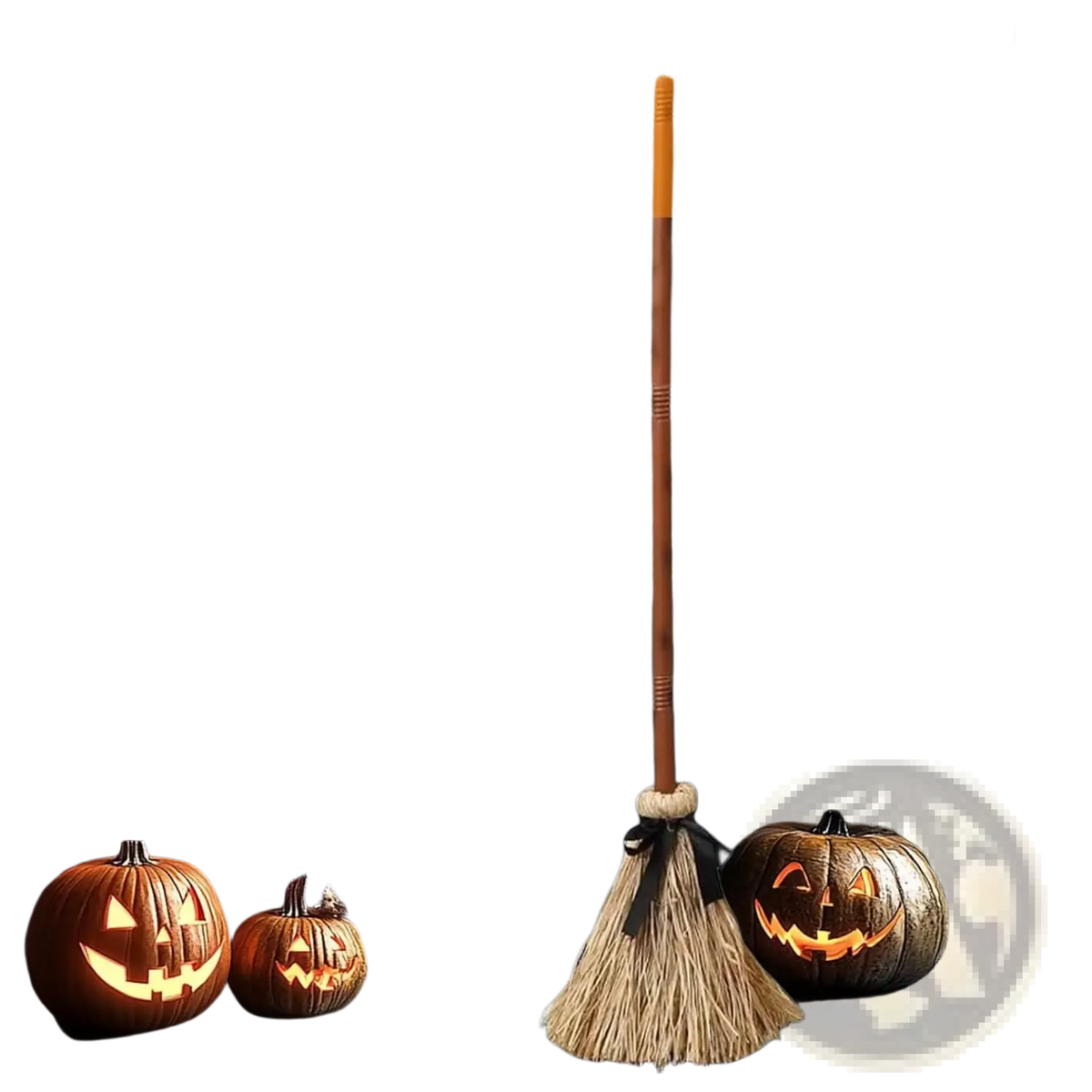 Animated floating witch broom Halloween prop featuring a rustic brown wooden handle and natural straw bristle head with black ribbon