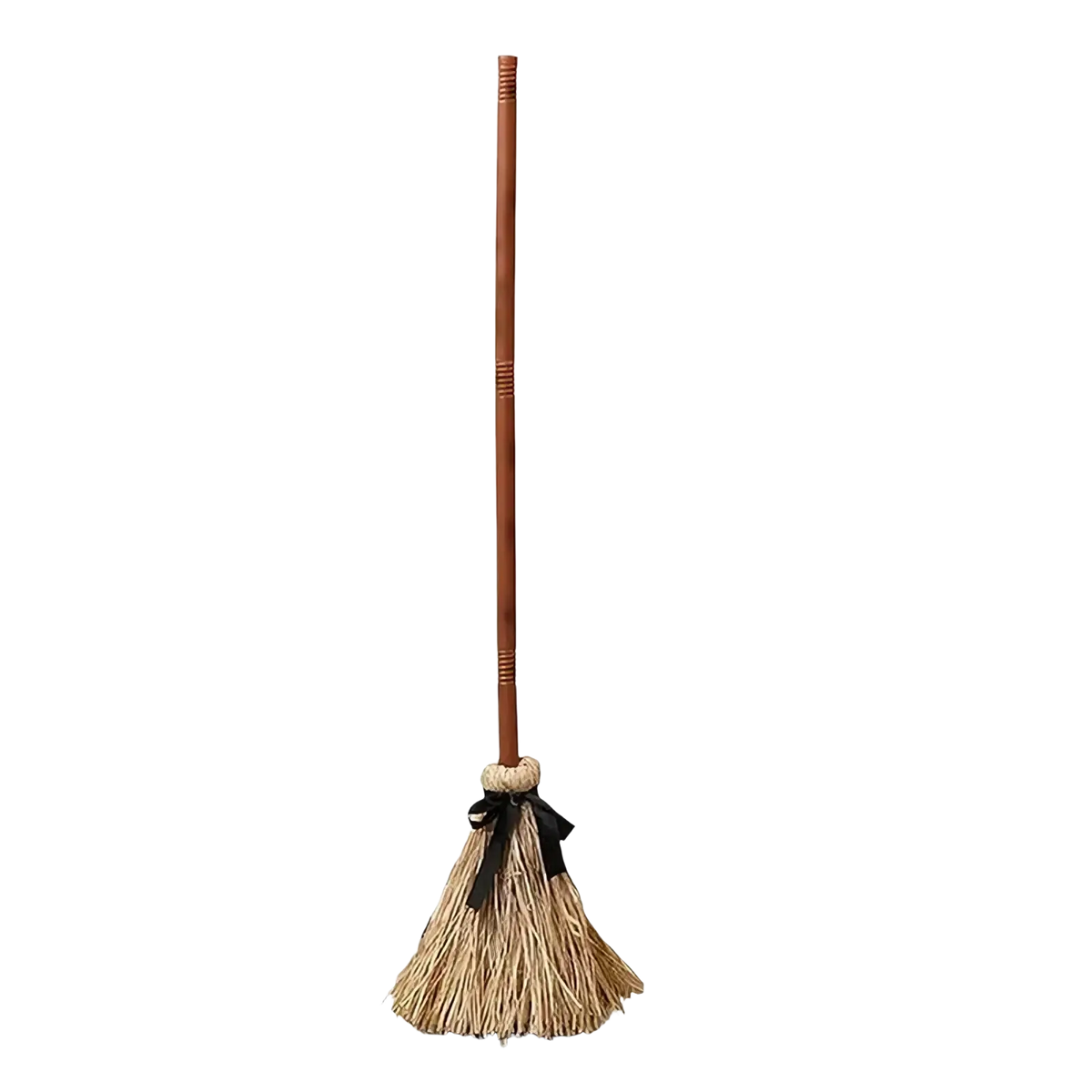 Animated floating witch broom Halloween prop featuring a rustic straw broom with wooden handle and black ribbon tie