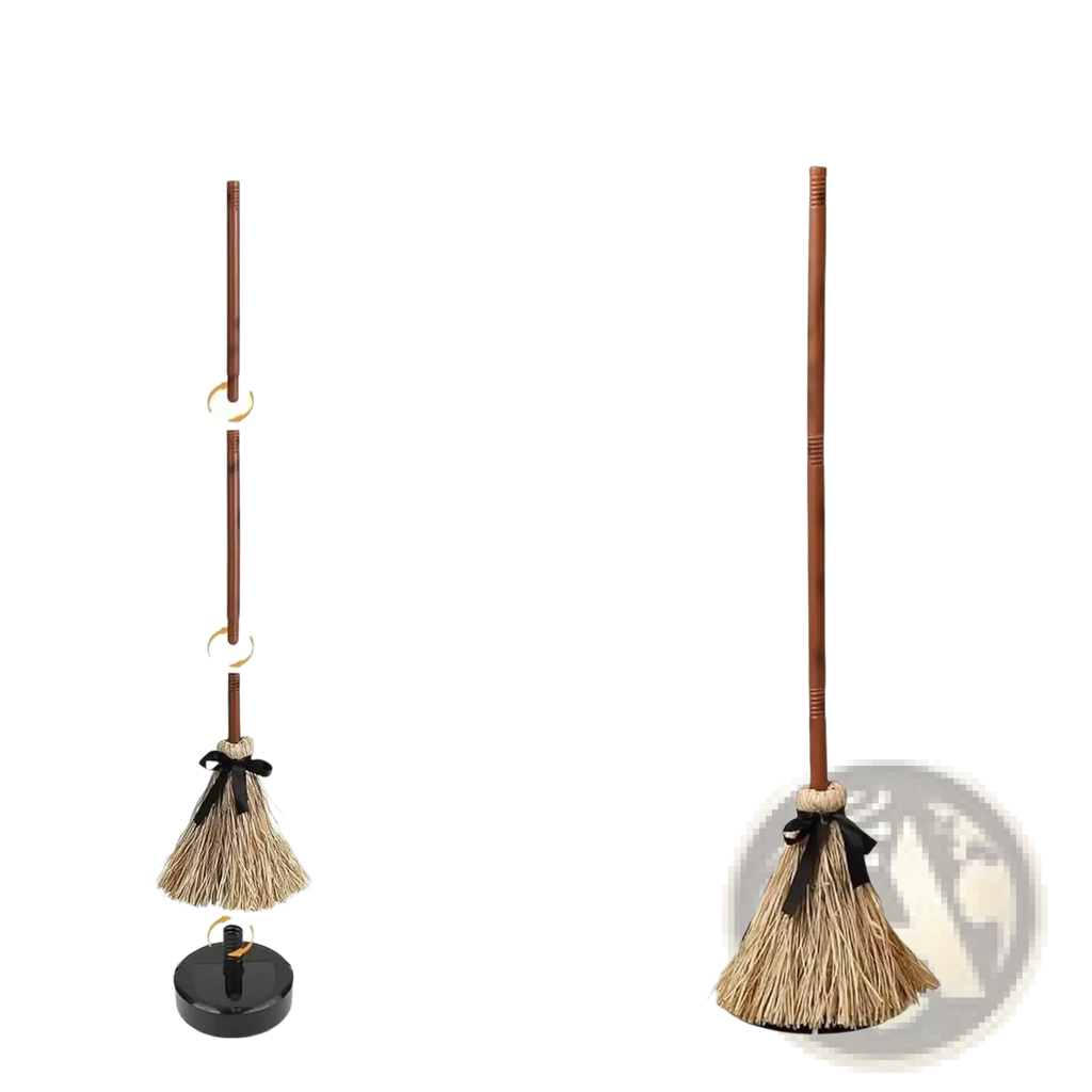 Animated floating witch broom Halloween prop with rustic straw bristles dark brown wooden handle and black ribbon