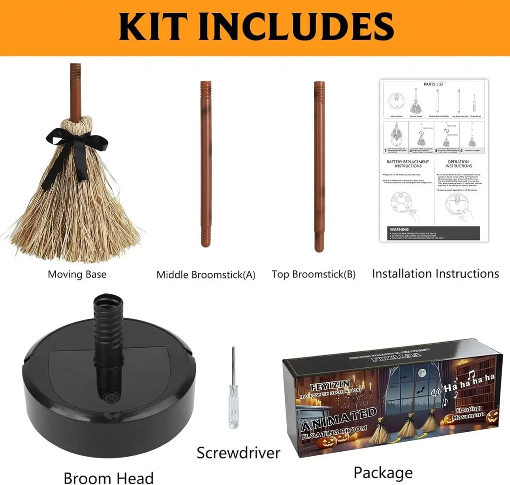 Animated floating witch broom halloween prop with a straw head tied by black ribbon and wooden handle