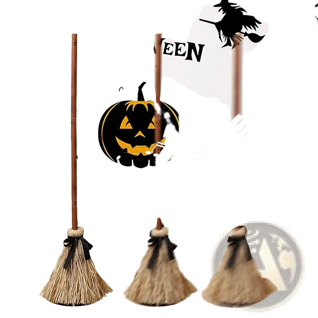 Three rustic straw brooms with wooden handles and black ribbon ties in front of a halloween-themed wall decal