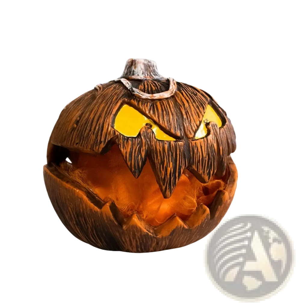 An animated halloween pumpkin talking decor featuring a carved glowing orange lantern with a menacing face and jagged teeth