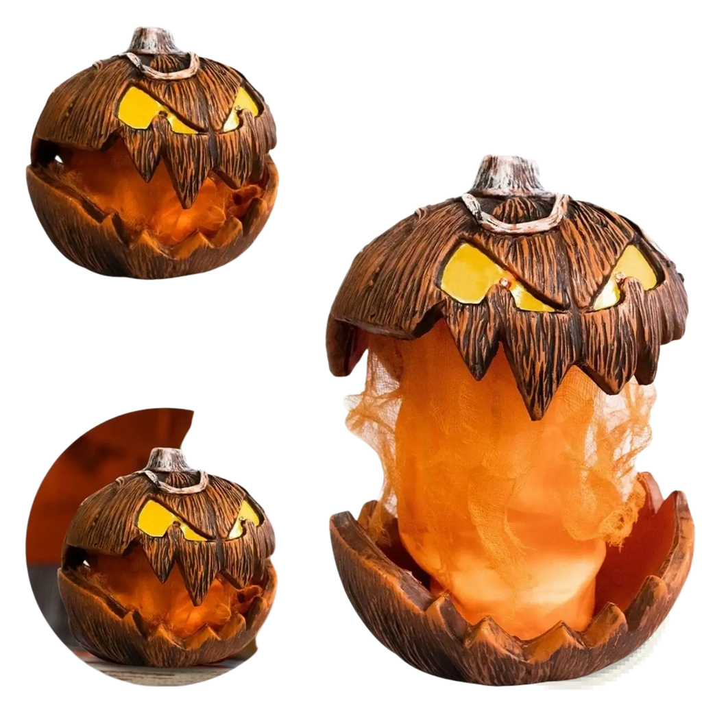 Animated halloween pumpkin talking decor with a carved textured brown exterior and glowing yellow eyes emitting orange light